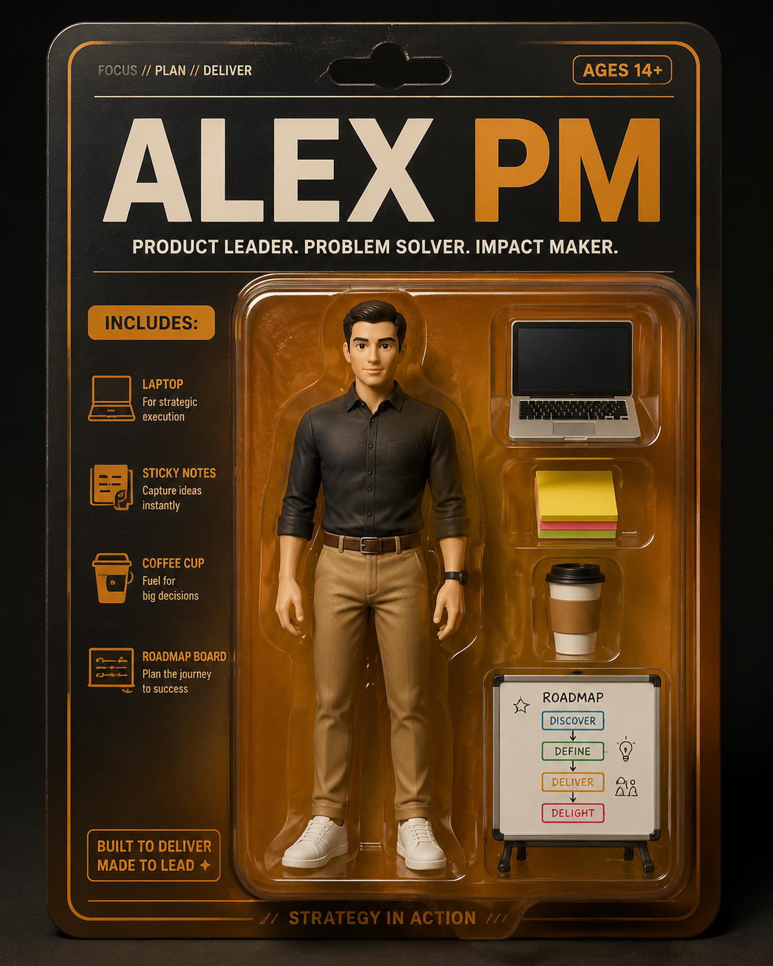 Kie.ai generated Desk Hero PM Edition boxed action figure packaging sample