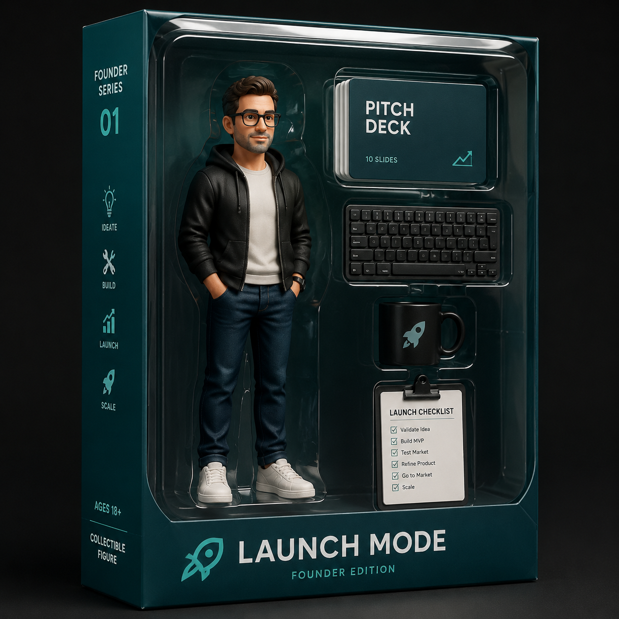 Kie.ai generated Launch Day Founder collector box packaging sample