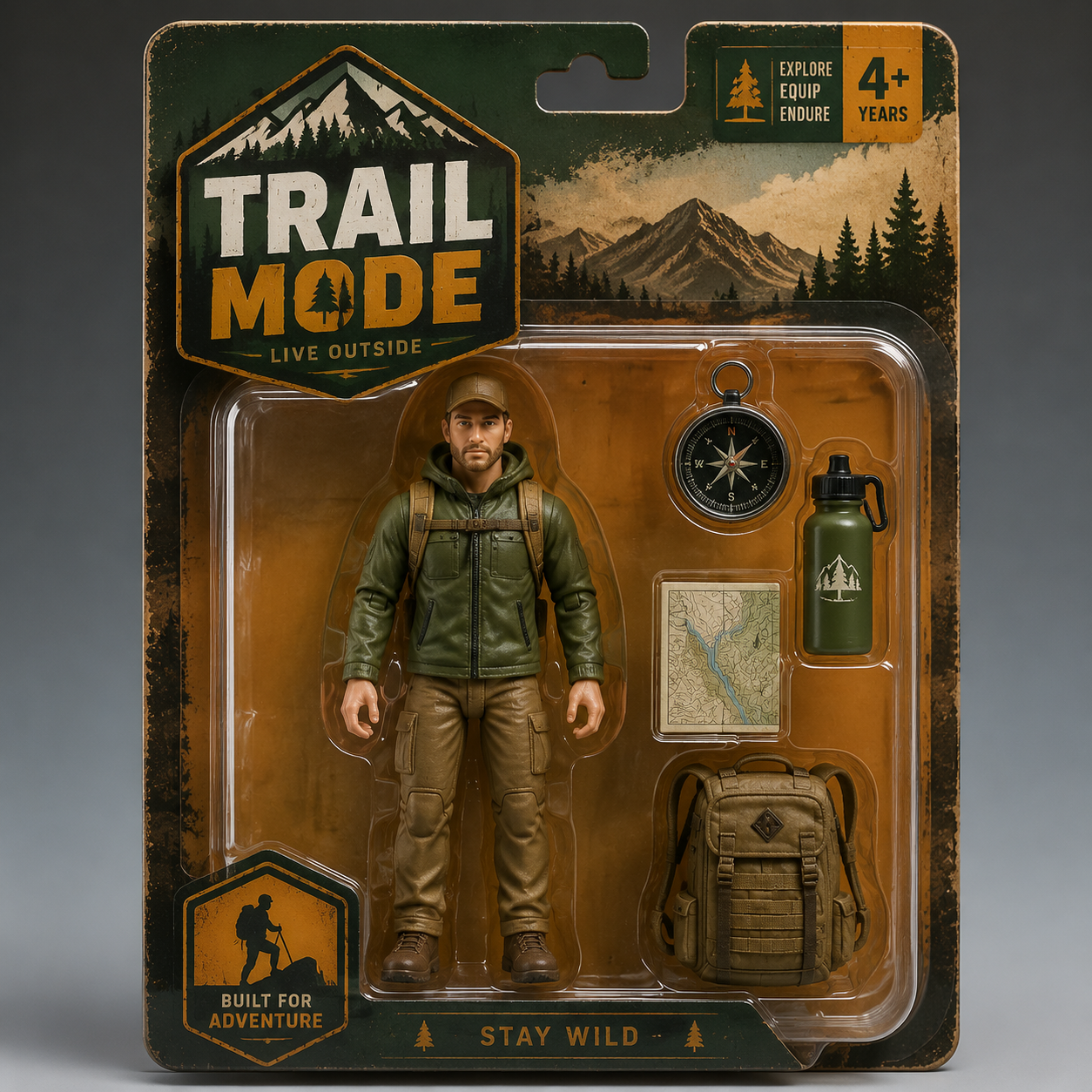 Kie.ai generated Outdoor Explorer action figure packaging sample
